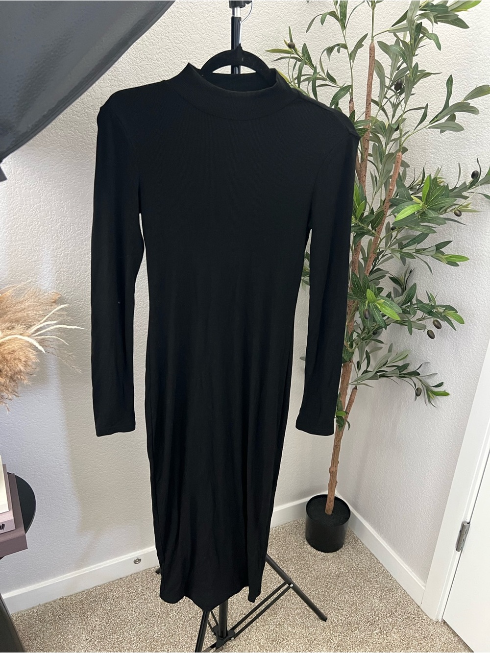 Long Sleeve Black Midi Dress - Classic Minimalist Size Small